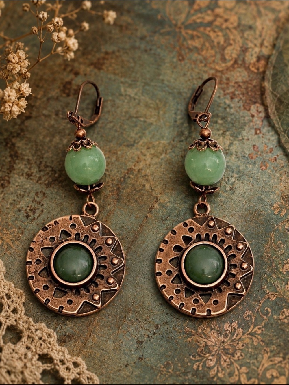 Green Cabochon Dangle Earrings, Antique Copper Boho Drops
